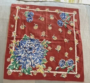 Vintage Cotton Voile Handkerchief Dark Red w/Blue Chrysanthemums 12" Fading - Picture 1 of 4