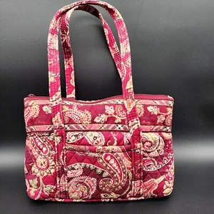 Vera Bradley Quilted Maroon Full Zip Medium 100% Cotton Shoulder Bag Tote Purse - Picture 1 of 10