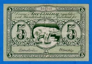 Greenland 5 Kroner 1926-45 P-15e Circulated Note " Polar Bear " 244743 RARE - Picture 1 of 3