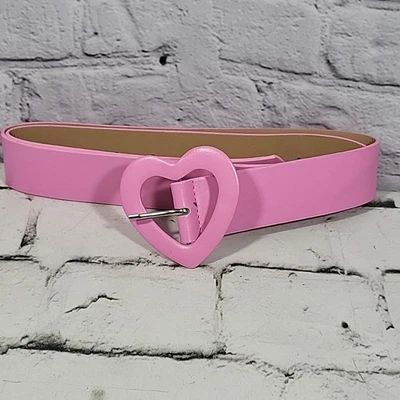 Heart Shaped Buckle Belt Bubblegum Pink Vegan Leather One Size Upto 40" Waist - Image 1 of 4