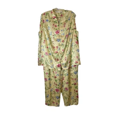 Intimate Exentials 2 Pc Satin Pajama Set Sz XL Women’s Yellow Shirt Pants Floral - Photo 1/4