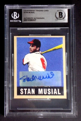 STAN MUSIAL SIGNED 1948 LEAF REPRINT ROOKIE CARD AUTOGRAPH #4 BECKETT CERTIFIED, - Image 1 of 2