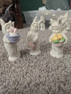 Dept 56 Set Of 3 SNOWBABIES Snowbunnies “A BASKET OF JOY” Basket Of Flowers  - Picture 1 of 4