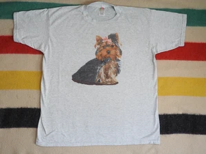 T-shirt maglietta grigia vintage anni 90 Fruit Loom Yorkshire Terrier cane arte ritratto uomo L - Foto 1 di 6