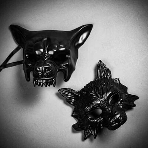Black Angry WolfDog & Wild Wolf Scary Halloween Costume Party Couple Masks Set - Picture 1 of 3