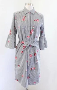 Calvin Klein Striped Floral Embroidered Bell Sleeve Tie Waist Shirt Dress Size 4 - Picture 1 of 8