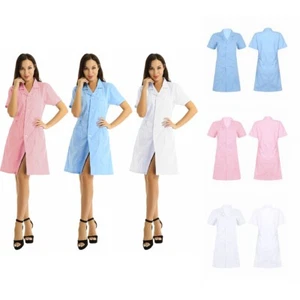 Women Lab Coat Medical Hospital Nurse Short Sleeve Uniform Dress,Long Jackets - Picture 1 of 26