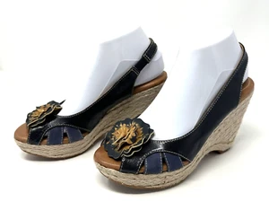 Naya Shoes Womens 8 M Navy Leather Wedge Slingback Coretta Braided Heel Strap - Picture 1 of 11
