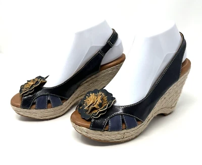 Naya Shoes Womens 8 M Navy Leather Wedge Slingback Coretta Braided Heel Strap - Image 1 of 4