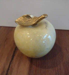 Vintage Yellow Apple Paperweight Marble Alabaster Onyx Stone Brass Stem Leaf - Picture 1 of 5