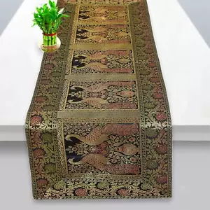 Diwali Room Decor Gift Gold Banarsi Brocade Silk Table Runner for Dining Table - Picture 1 of 5