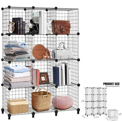 12 Cubes Interlocking Storage Unit With Metal Wire Mesh Black Multifunctional - Image 1 of 4