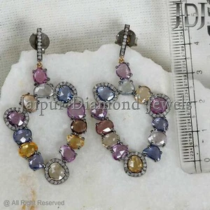 Natural Pave Diamond Multi Sapphire Gemstone 925 Sterling Silver Drop Earrings - Picture 1 of 7