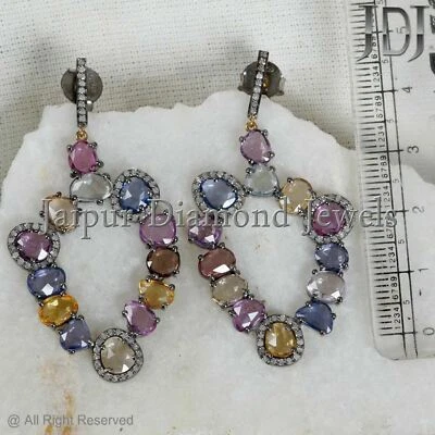 Natural Pave Diamond Multi Sapphire Gemstone 925 Sterling Silver Drop Earrings - Image 1 of 4