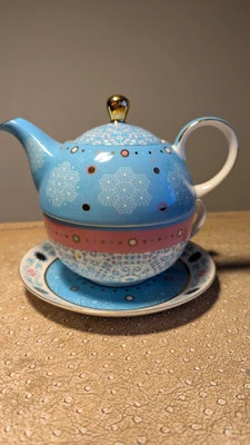 T2 Teapot, Lid, Cup and Saucer Turquoise and Pink Pattern Gold Knob - Image 1 of 4