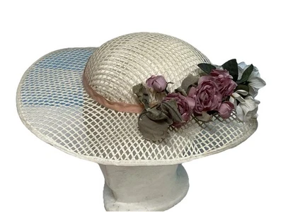 Vintage Victorian Style Large Mesh Beige Sun Hat Floral Decoration One Size PO - Image 1 of 4