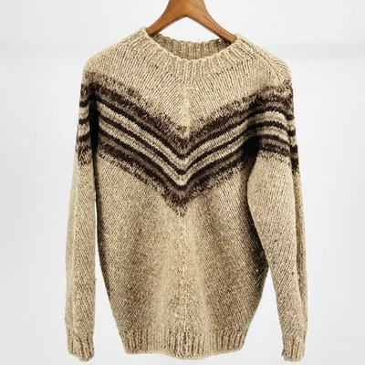 Vintage 70s Handknit Wool Brown Chevron Crewneck Pullover Sweater - Image 1 of 4