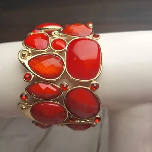 Bracciale Elastico Largo Rosso Strass e Pietre Finte Tono Oro Scintillante 1,75" - Foto 1 di 7
