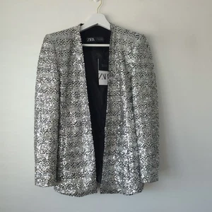 Zara Sequin Silver Blazer Jacket Embellished Size M Medium 10 12 NEW BNWT - Picture 1 of 4