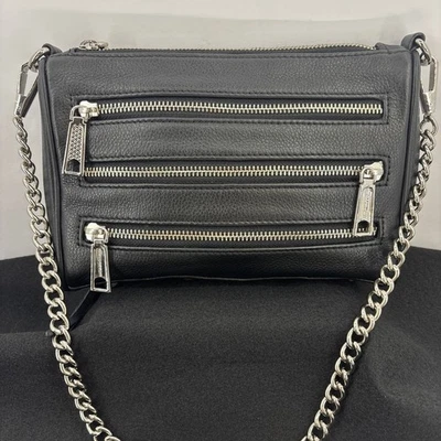 Rebecca Minkoff Triple Zip Black Leather Goth Chain Crossbody Purse Chrome Studs - Image 1 of 4