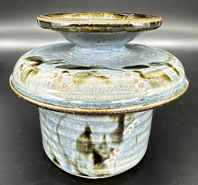 Handmade Stoneware French Butter Bell Crock Blue Glaze Pottery Signed Lidded - Image 1 of 4