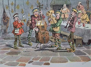 Antiker Comic Druck Angelsächsische Musikgruppe von 1905. Arthur Moreland. Barden. - Bild 1 von 6