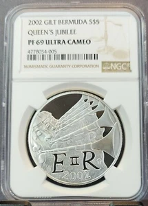 2002 BERMUDA SILVER 5 DOLLARS S$5 GILT QUEENS JUBILEE NGC PF 69 ULTRA CAMEO - Picture 1 of 3