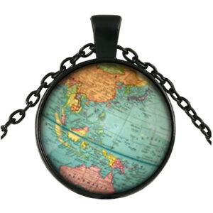 Vintage World Map Black Cabochon Glass Pendant Chain Necklaces Statement Jewelry