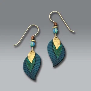 Adajio Earrings - Three-Part Teal Blue and Gold Plated Leaves Handmade in USA - Picture 1 of 4