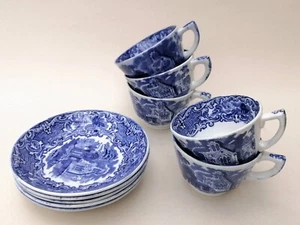 George Jones & Sons Abbey 1790 Cup & Saucer x 5 Flow Blue Antique 1910s - Picture 1 of 14
