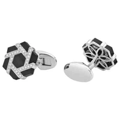 925 Solid Silver Unique Sixagon Shape With Cubic Zirconia & Black Onyx Cufflink - Image 1 of 2