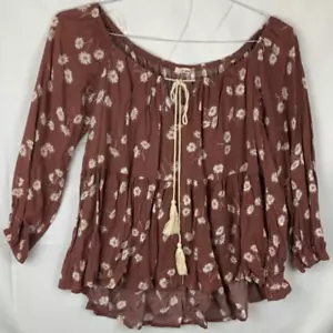 Mi Ami abgestufte taupe Gänseblümchenkrawatte Quaste langärmelige Schößelbluse Größe XS Neu mit Etikett - Bild 1 von 4