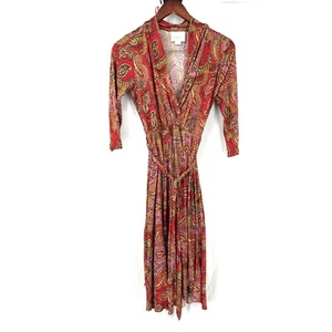 Maeve Anthropologie paisley fit & flare belted pink red stretch dress S READ - Picture 1 of 13