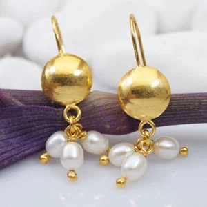 925 Silver Pearl Dangle Earrings 24 k Yellow Gold Vermeil Handcrafted Jewelry - Picture 1 of 5