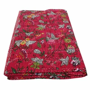 Flower Pattern Kantha Embroidery Double Blanket Throw Boho Hippie Bedspread - Picture 1 of 8