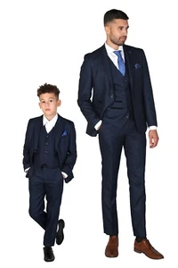 Men's & Boys Navy Blue Birdseye Textured Business Wedding Tailored Fit Suit - Picture 1 of 22