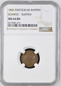Switzerland, Schwyz, 1845 Rappen, NGC MS64-SINGLE TOP POP! - Picture 1 of 2