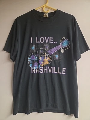 Camiseta De Colección Años 80 90 Grial I Love NASHVILLE Desteñida Negra Puntada Única XL 21x27.5 Foto 1 de 4