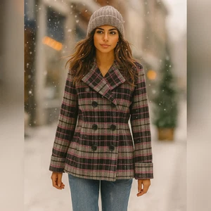 Victorias Secret PINK Peacoat Medium Hot Pink Grey Plaid Wool Blend Grunge Y2K - Picture 1 of 9