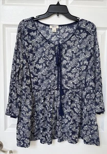 Style&Co Size L Womens Multicolor Round Neck Front Tie 3/4 Sleeve Tunic - Picture 1 of 5