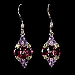 925 Sterling Silver Earrings Oval Rhodolite Garnet Peridot Gemstone Jewelry - Picture 1 of 14