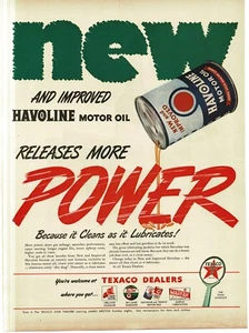 Olio motore Texaco Havoline 1946 nuovo migliorato più potenza pubblicità stampa d'epoca - Foto 1 di 1