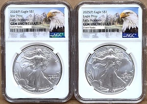 2 coin set 2024 and 2025 p silver eagle with privy ngc gem uncir er mtn in hand - Picture 1 of 4