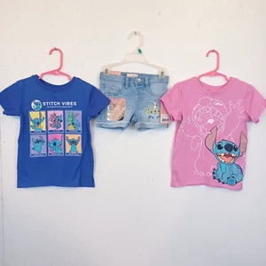 Disney STITCH T-Shirts x2 & Squeeze Unicorn  Denim Shorts Set-4/5 - Picture 1 of 5