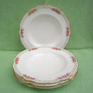 4 vintage bone china rimmed soup bowls - 25 cm (10") diameter - pink heather - Picture 1 of 3