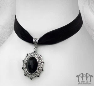 Gothic BLACK CRYSTAL VELVET CHOKER Ribbon Necklace Rhinestone Pendant Victorian - Picture 1 of 3