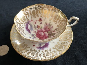 PARAGON tea cup and saucer center cabbage pink rose With Wildflowers & Gold Dec - Picture 1 of 12