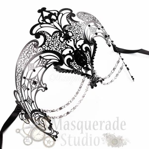 Womens Egyptian Venetian Black Rhinestones Laser-Cut Metal Masquerade Mask - Picture 1 of 4