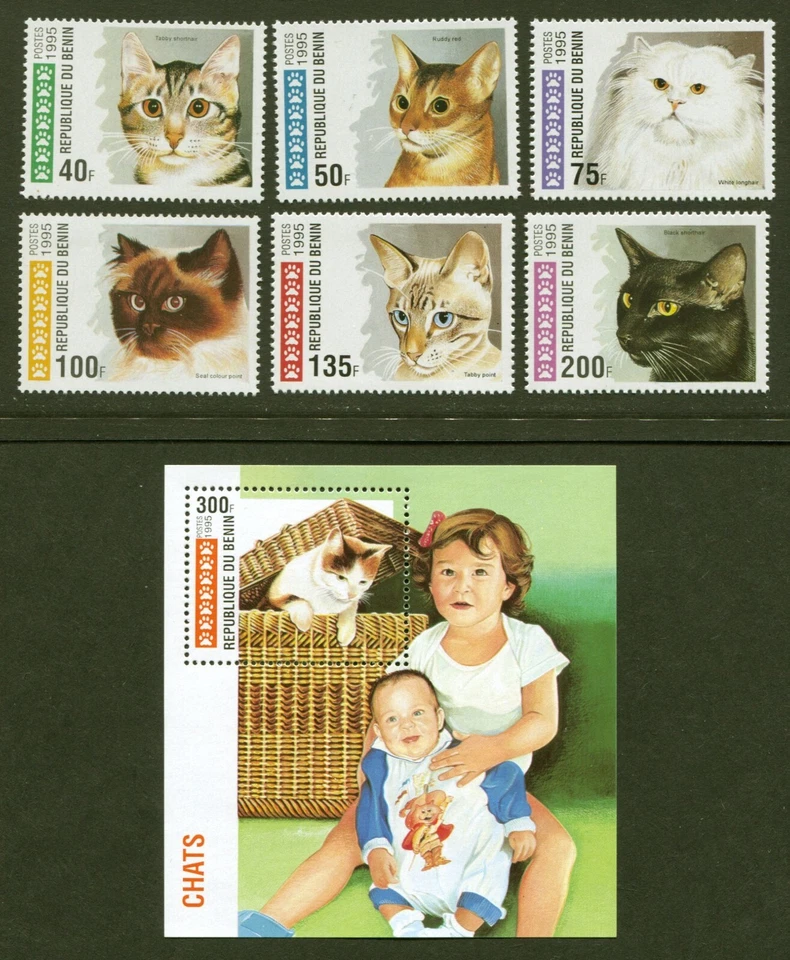 Benin Scott # 761-67, gatos domésticos, 1995 MNH conjunto de 7 estampillas, SCV: $6,75 Foto 1 de 1