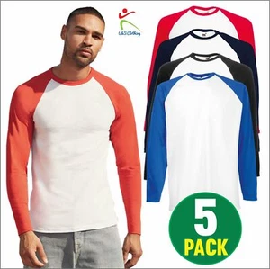 5 PACK Fruit of the Loom Mens Long Sleeve Baseball T-Shirt Casual Sports Tee TOP - Picture 1 of 13